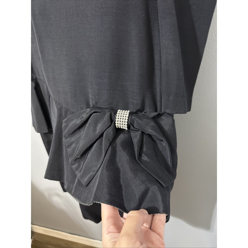 VTG‎ Dress 80s 90s Black Taffeta Puff Sleeve 8 formal Gown Silver Bling Bow Glam